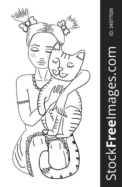 Hand drawn cat and girl