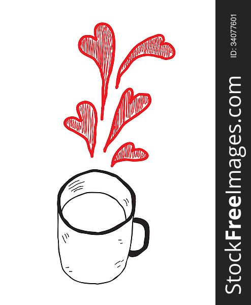 Hand drawn black and white mug with red hearts. Hand drawn black and white mug with red hearts