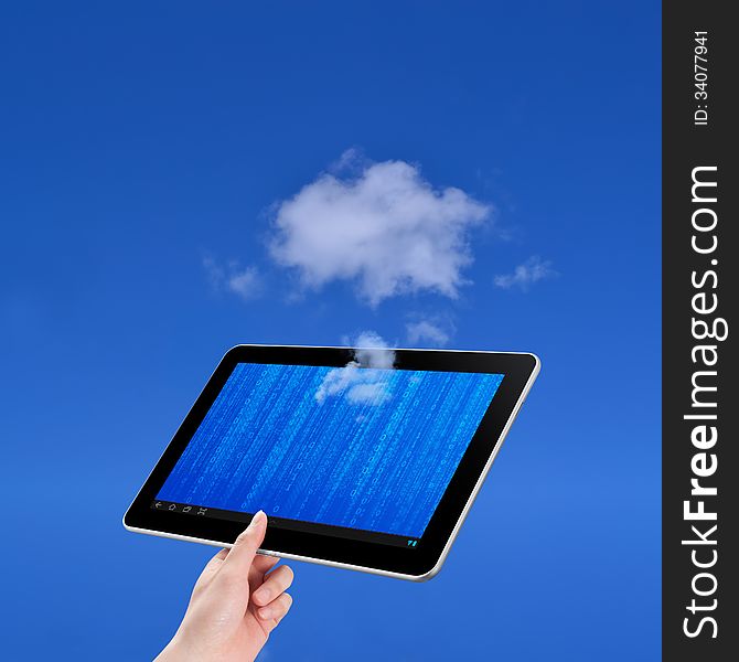 Hand holding tablet, cloud computing concept on white background. Hand holding tablet, cloud computing concept on white background