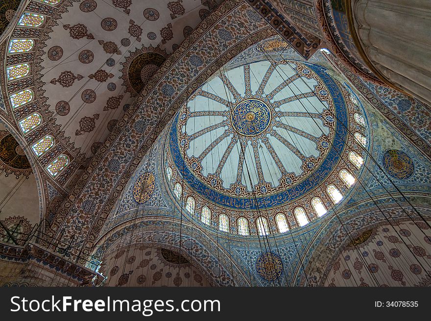 The interior decorations and the dome of the Sultan Ahmed Mosque (The Blue Mosque) in Istanbul. The mosque was built from 1609 to 1616, during the rule of Ahmed I. The interior decorations and the dome of the Sultan Ahmed Mosque (The Blue Mosque) in Istanbul. The mosque was built from 1609 to 1616, during the rule of Ahmed I.