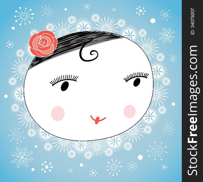 Graphic portrait of a cheerful girl on the winter background with snowflakes. Graphic portrait of a cheerful girl on the winter background with snowflakes