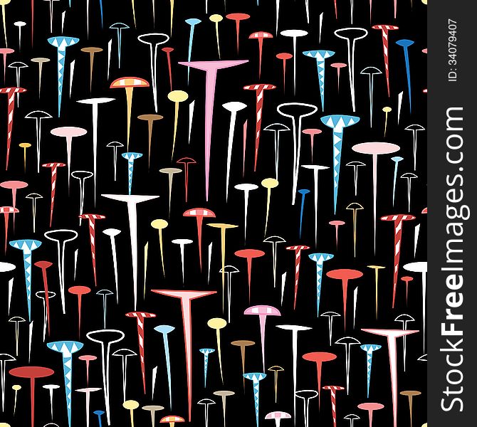 Seamless abstract multicolored graphic pattern of nails on a black background. Seamless abstract multicolored graphic pattern of nails on a black background