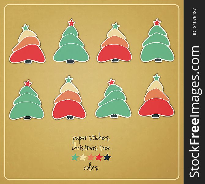 New set of Christmas tree stickers on carton wallpaper can use like holiday decor elements. New set of Christmas tree stickers on carton wallpaper can use like holiday decor elements