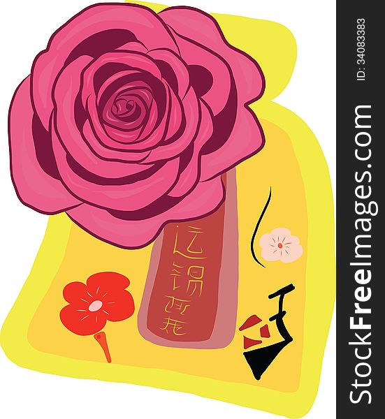 A pink rose on yellow souvinir bag. A pink rose on yellow souvinir bag
