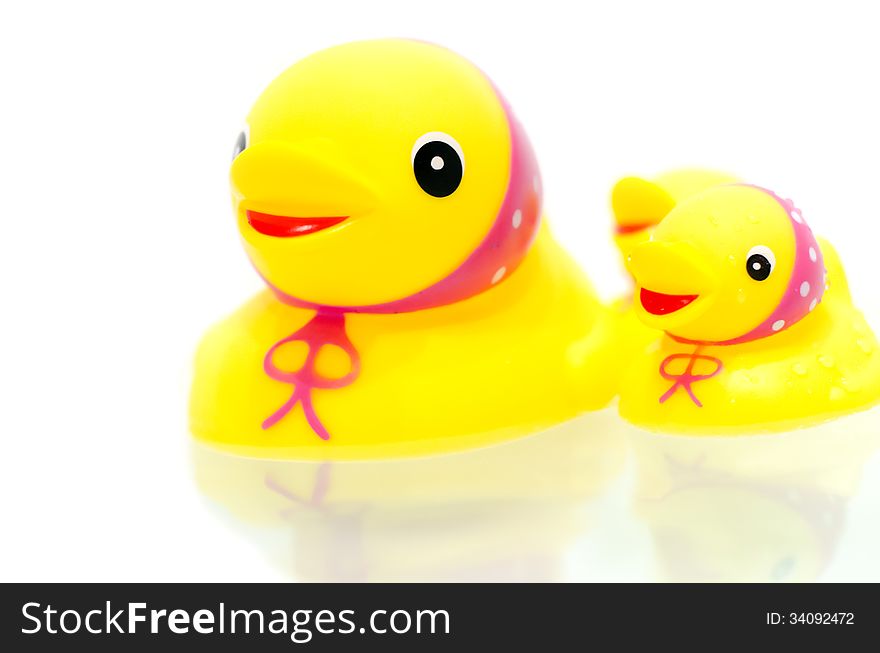 1 mommy duck and 2 small rubber duckies on a white background. 1 mommy duck and 2 small rubber duckies on a white background.