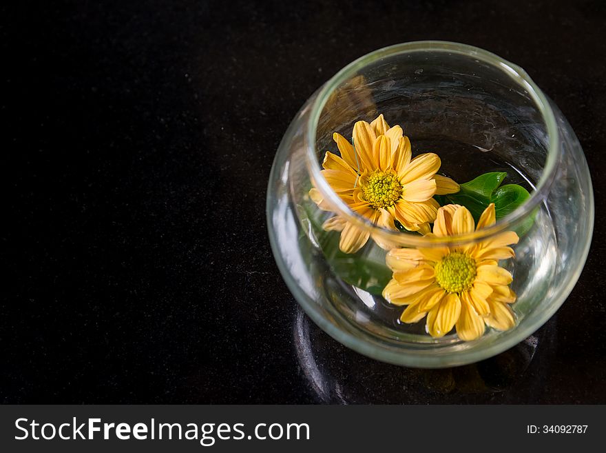 Yellow flowers in glass bowl on black background