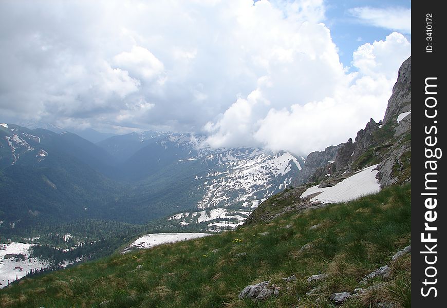 Mountain Fisht foot. A kind from mountain Fisht. 
The camp for climbers is below visible.
14 June 2007. Mountain Fisht foot. A kind from mountain Fisht. 
The camp for climbers is below visible.
14 June 2007