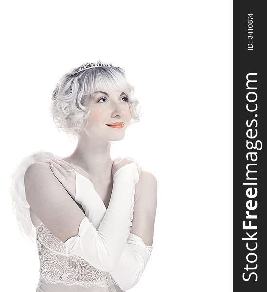 Beautiful angel girl over white background