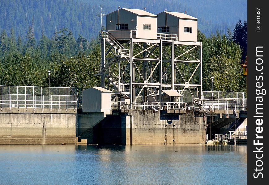 A shot of the control towers to a dam. A shot of the control towers to a dam.