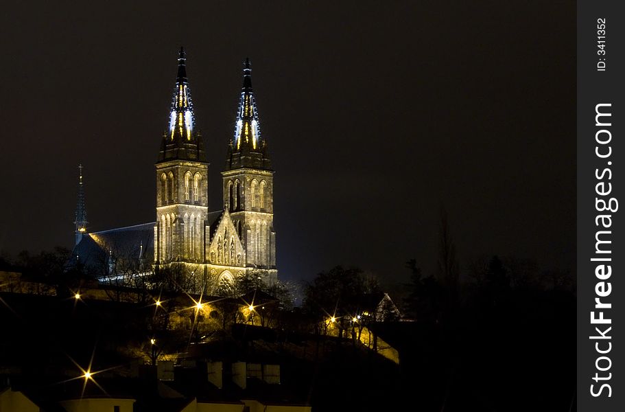 Old Prague basilica at night. Old Prague basilica at night