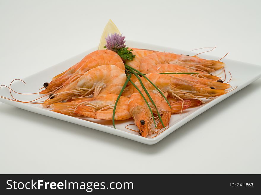 Prawn appetizer plate on a white background