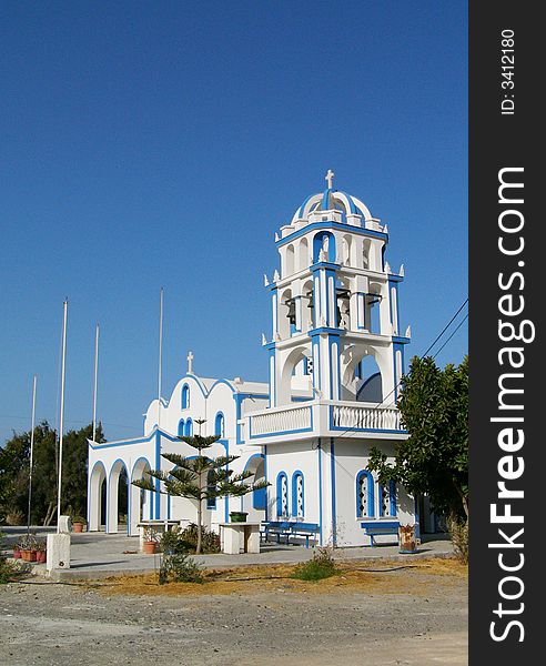 Church in Kamari town in Santorini island in Greece