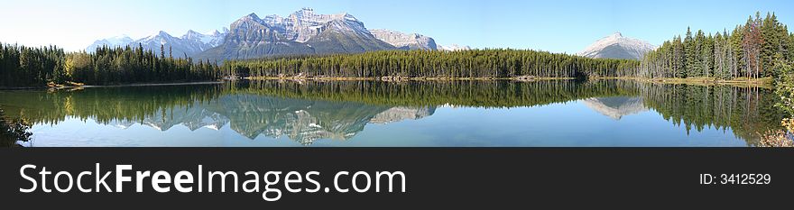 Reflexion of rockies mountains in the lake stitch