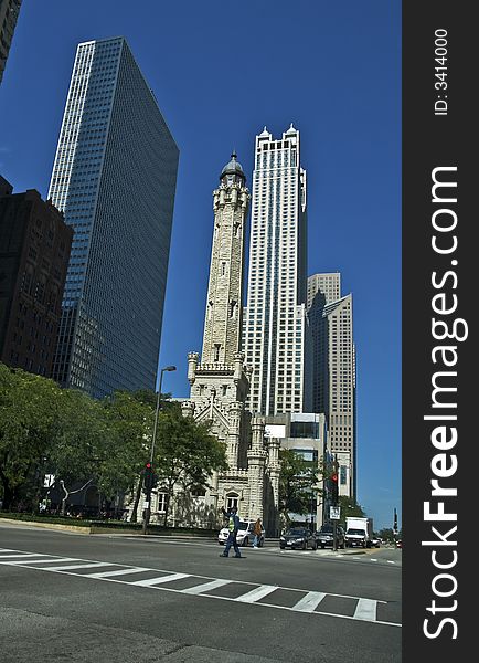 The water tower in Chicago, the only building to survive the great fire from across the street. The water tower in Chicago, the only building to survive the great fire from across the street