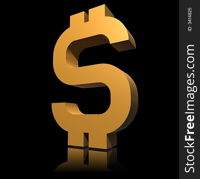 Gold dollar symbol - 3d illustration isolated on black background