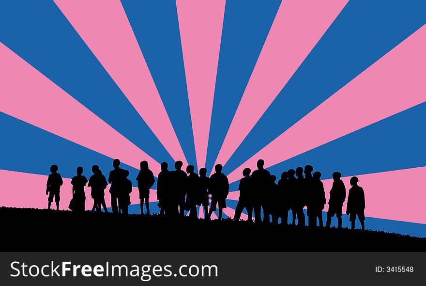 Silhouettes of young children with retro background