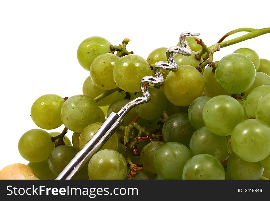 Closeup of bunch of green juicy grapes with drop of water over white