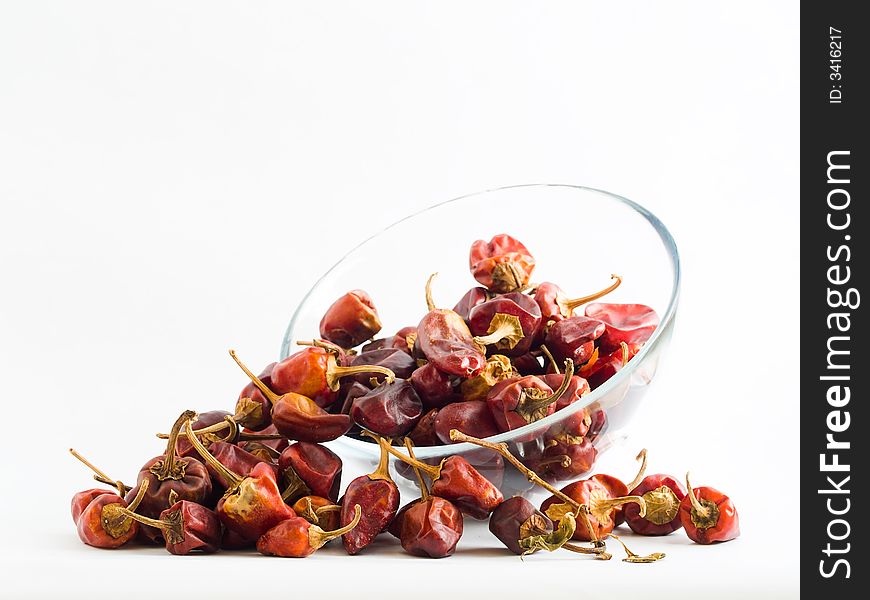 Still life of a handful of Habanero chilies of various sizes, shapes, colors, and orientation, spilling from a tipped glass bowl, on white background. Still life of a handful of Habanero chilies of various sizes, shapes, colors, and orientation, spilling from a tipped glass bowl, on white background.