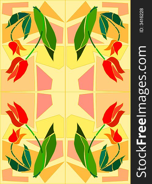 Red Tile Retro Background with tulips. Red Tile Retro Background with tulips