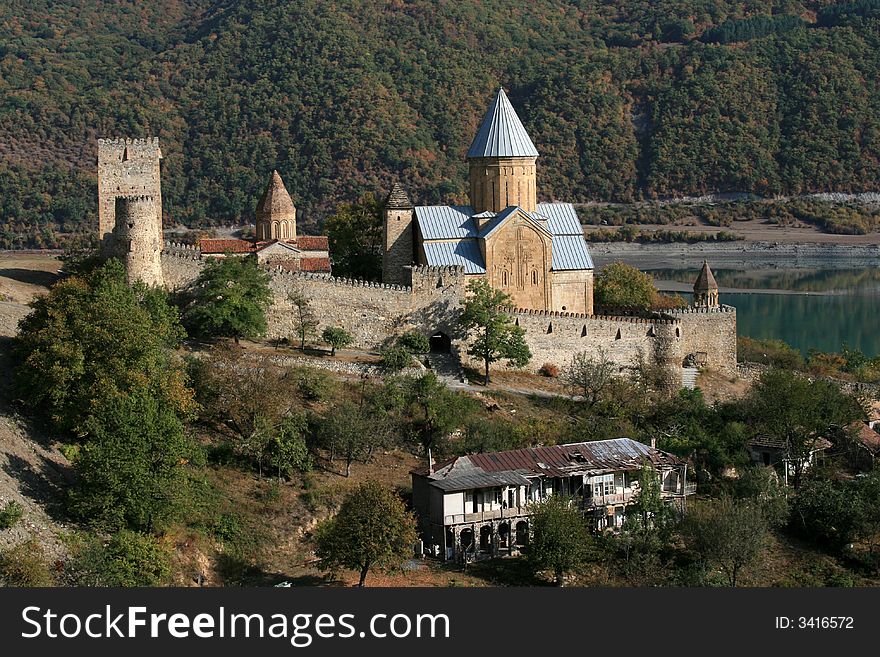 Fortress and church in the Caucasus mountains