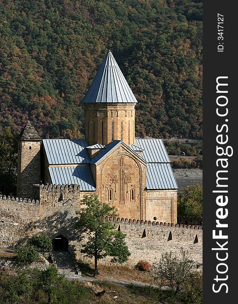 Fortress and church in the Caucasus mountains