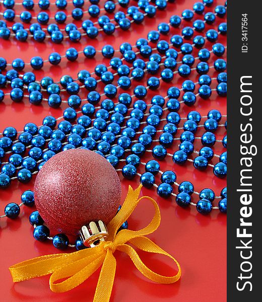 Colorful christmas decorations with red bauble. Colorful christmas decorations with red bauble