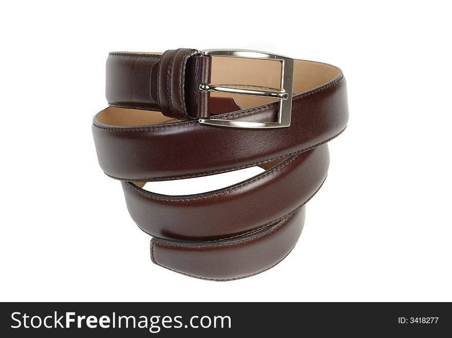 Brown leather belt and buckle on white background.