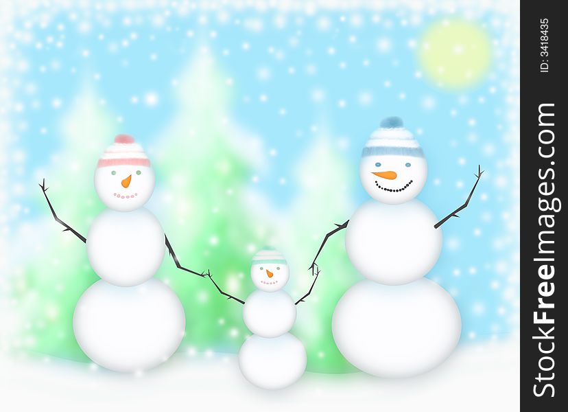 Wonderful snowmans family on winter landscape