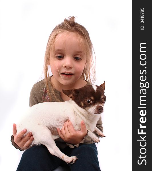 Portrait of very nice young girl and her dog on the white background. Portrait of very nice young girl and her dog on the white background