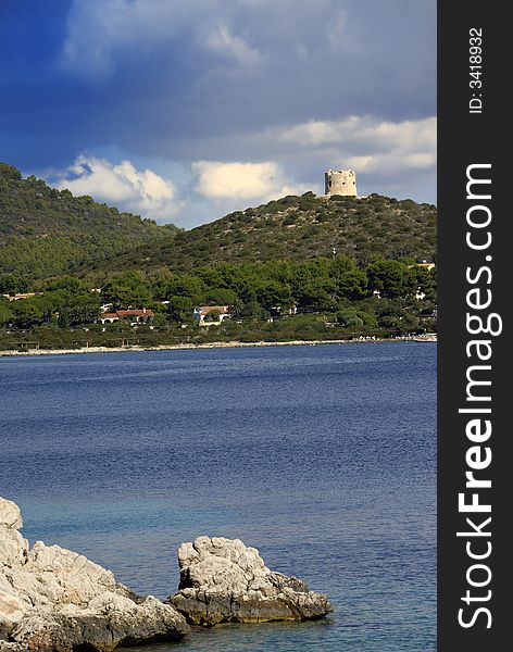 Saracen tower used to watch over the sea in Sardinia.