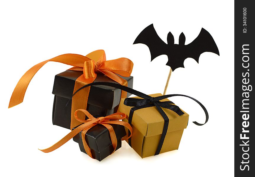 Three Halloween gift boxes with bat figure decoration. Three Halloween gift boxes with bat figure decoration