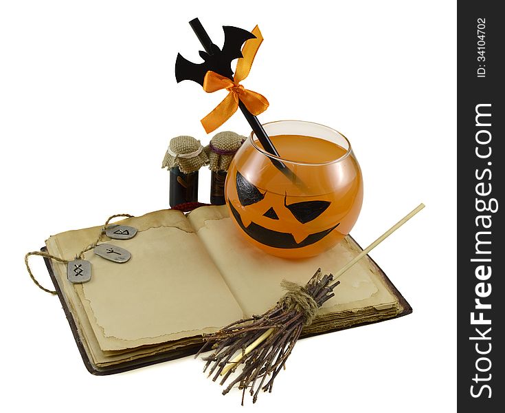 Orange Halloween drink with magic book, bottles, runes and broomstick isolated. Orange Halloween drink with magic book, bottles, runes and broomstick isolated