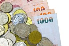 Thailand Paper Currency And Coins Stock Photo