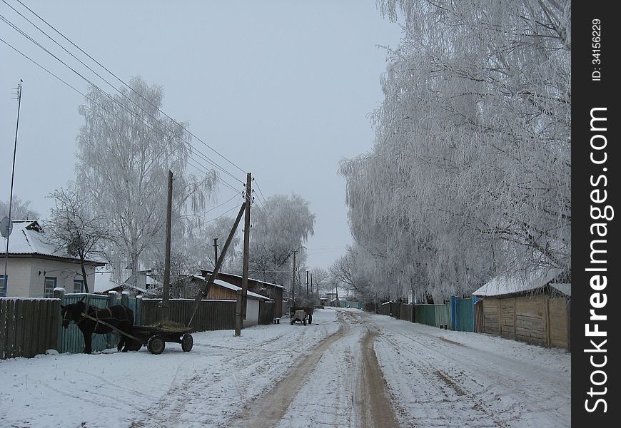 Winter landscape with rural street in snow. Winter landscape with rural street in snow
