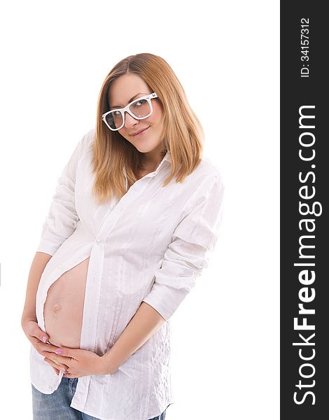 Pregnant woman in white shirt and glasses isolated. Pregnant woman in white shirt and glasses isolated