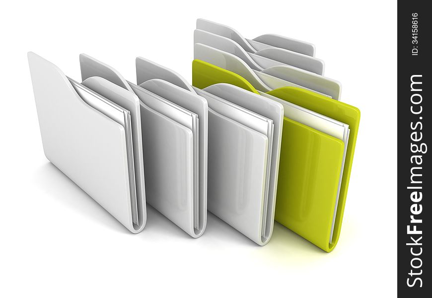 Set Of Office Paper Folders With One Green