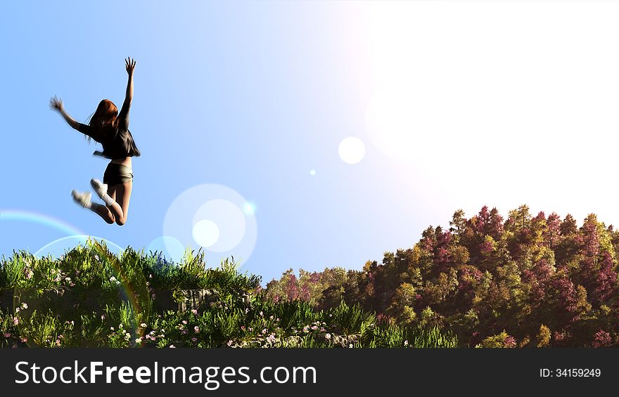 Happy girl jumps to the sky in the yellow meadow as health concept