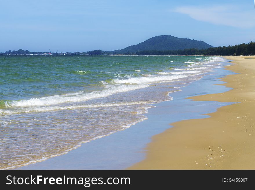 Beach sand and blue sky with wave on beach Ban Glood at sea of country, Thailand. Beach sand and blue sky with wave on beach Ban Glood at sea of country, Thailand