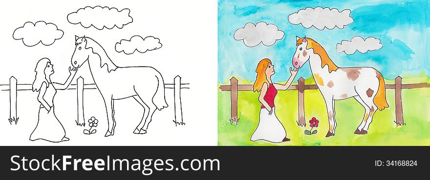 Girl caresses a white horse at the fence-color drawing. Girl caresses a white horse at the fence-color drawing