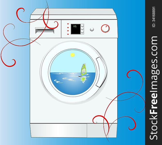 The vector illustration of white noiseless washing-machine with nice picture inside. The vector illustration of white noiseless washing-machine with nice picture inside.