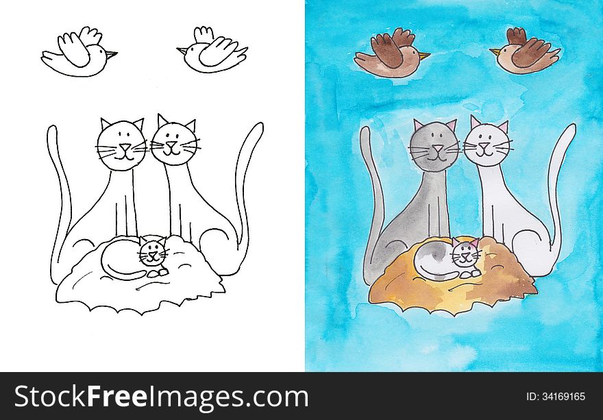 Cat family color drawings illustration