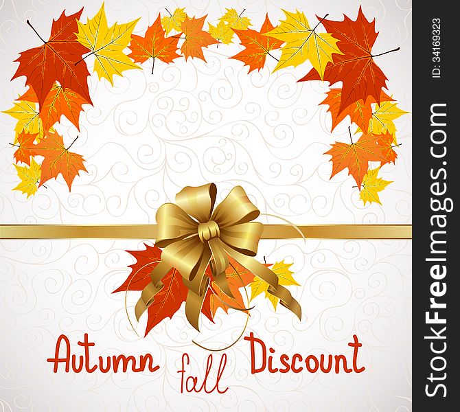 Vector illustration of autumn sales and discounts for advertising with a bow in the middle. Fully layered, hand drawn title. Vector illustration of autumn sales and discounts for advertising with a bow in the middle. Fully layered, hand drawn title.