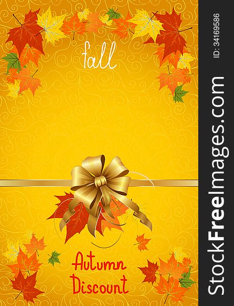 Vector illustration of autumn sales and discounts for advertising with a bow in the middle on yellow background. Fully layered, hand drawn title. Vector illustration of autumn sales and discounts for advertising with a bow in the middle on yellow background. Fully layered, hand drawn title.