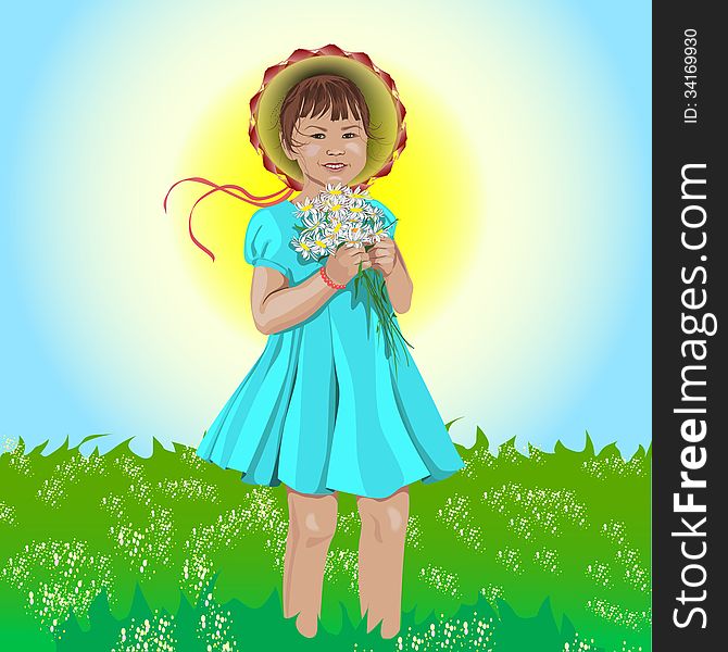 Vector illustration of little girl in blue dress and summery bonnet with bouquet of camomile. Vector illustration of little girl in blue dress and summery bonnet with bouquet of camomile.