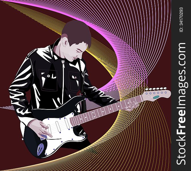 Simle vector illustration of young man with gitar on vinous background.eps8. Simle vector illustration of young man with gitar on vinous background.eps8