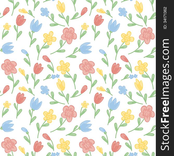 Seamless pastel hand drawn pattern with flowers and leaves. Seamless pastel hand drawn pattern with flowers and leaves