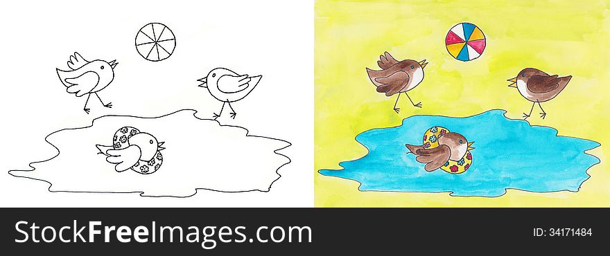 Bird bath-Color drawing illustratio