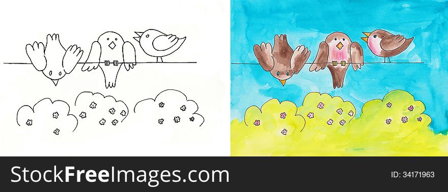 Birds sitting on a wire - colored drawing. Birds sitting on a wire - colored drawing