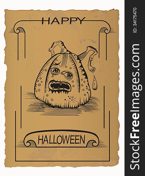 Happy Helloween, Jack O'Lantern design on old paper. Happy Helloween, Jack O'Lantern design on old paper