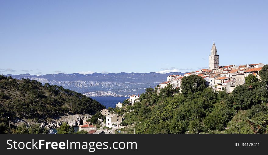 View on the Croatian coast and the city of Vbrnik on the island Krk